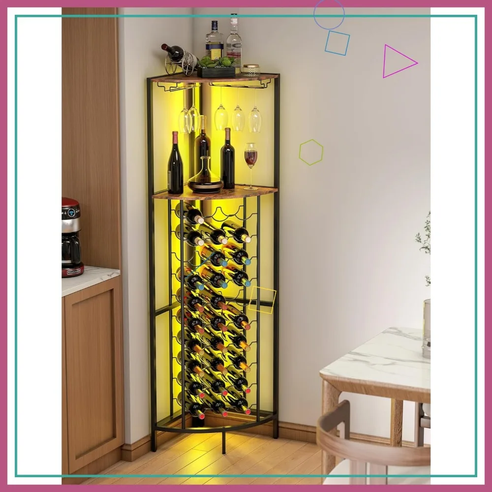 Portabottiglie angolare con luci a LED, contiene 30 bottiglie e bicchieri, stile industriale per il soggiorno della cucina del bar di casa