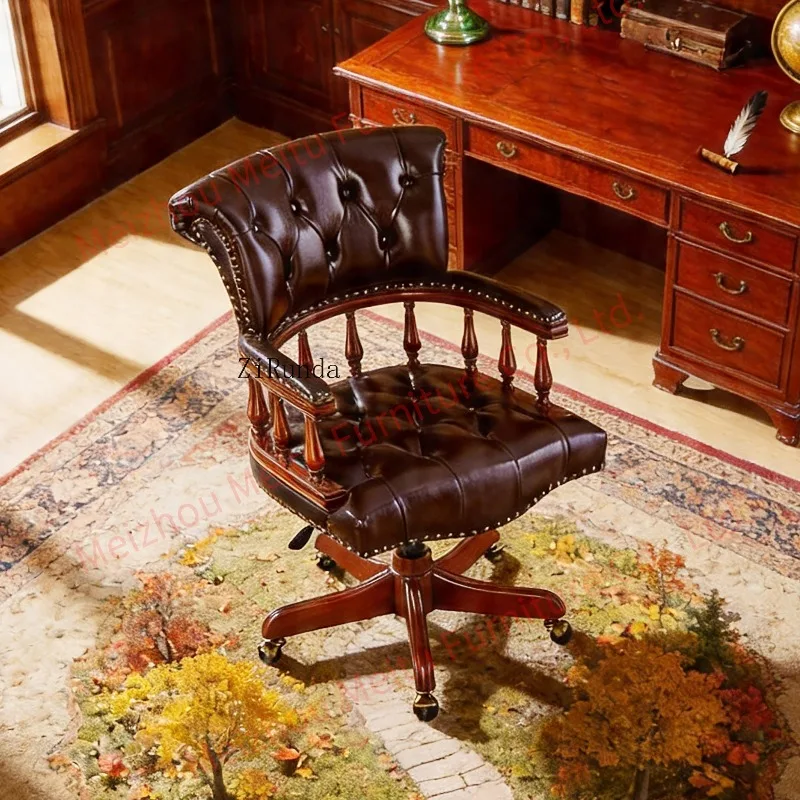 Night blue first-layer cowhide tufted cherry wood frame 360-degree rotation, height adjustable office chair