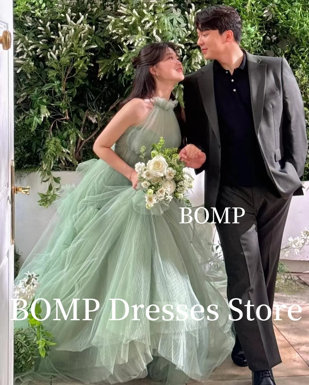 

BOMP Pastrol Wedding Dress Applique Halter A-Line Green Floor Length Tulle Bridal Gown Korea Photo Shoot Customized Elegant