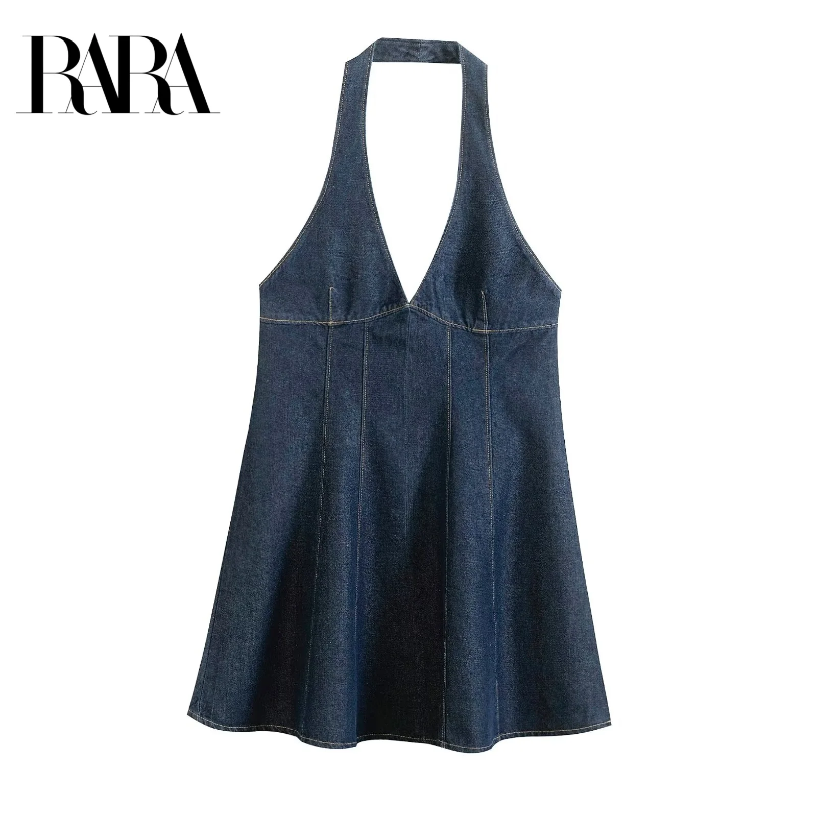 

RARA2025 Fashion Sexy Denim Suspender Short Dress Simple and Versatile Backless Halter Neck Short Dress