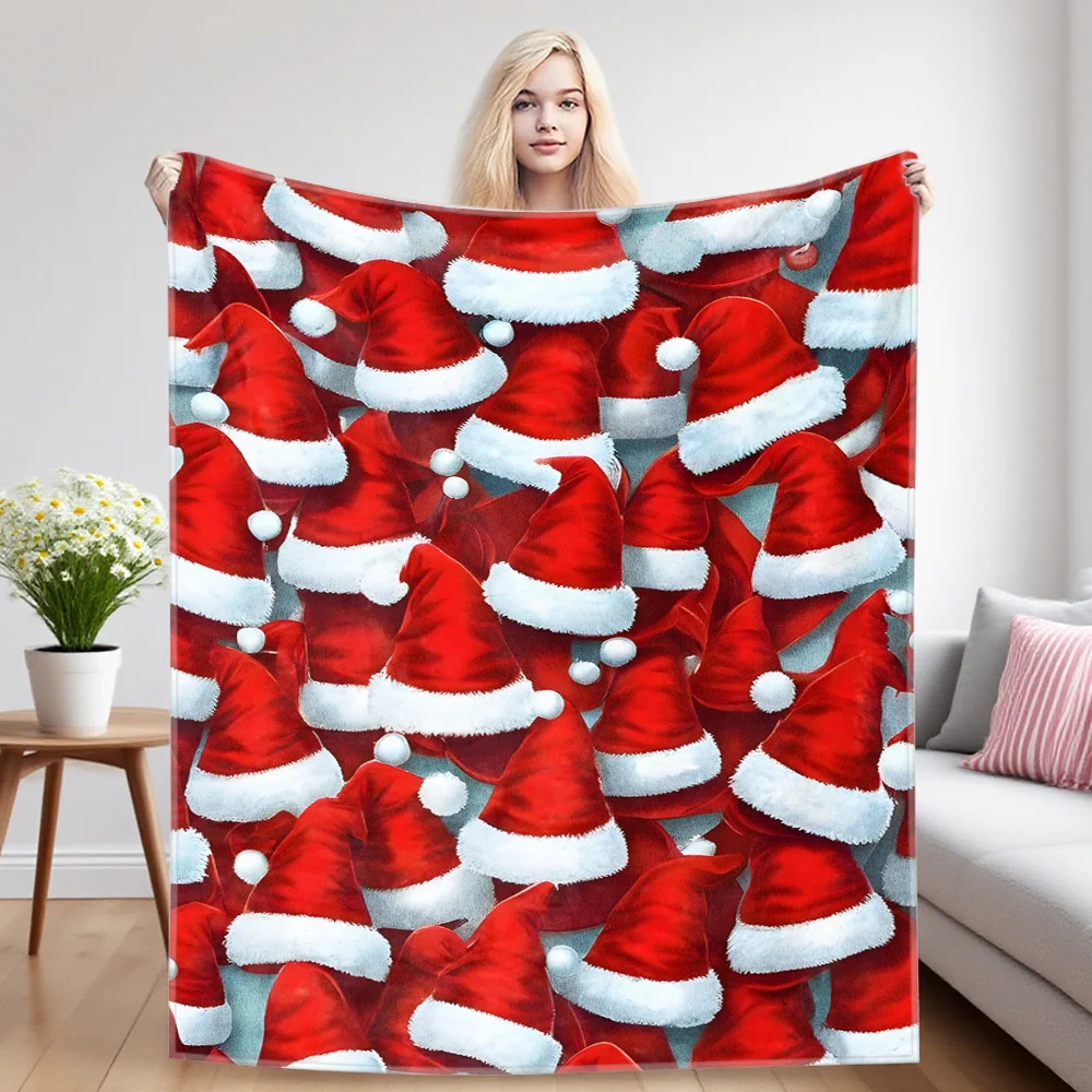 Santa Hats Flannel Blanket, Ultra-Fine Fiber, All Season Luxurious Fluffy Blanket Suitable For Beds Or Sofas