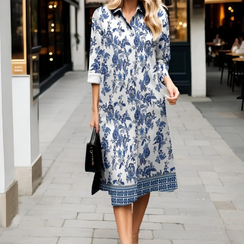 

Новое женское модное элегантное платье с длинными рукавами и 3D сине-белым фарфоровым принтом с v-образным вырезом, удобное длинное платье-рубашка на пуговицах