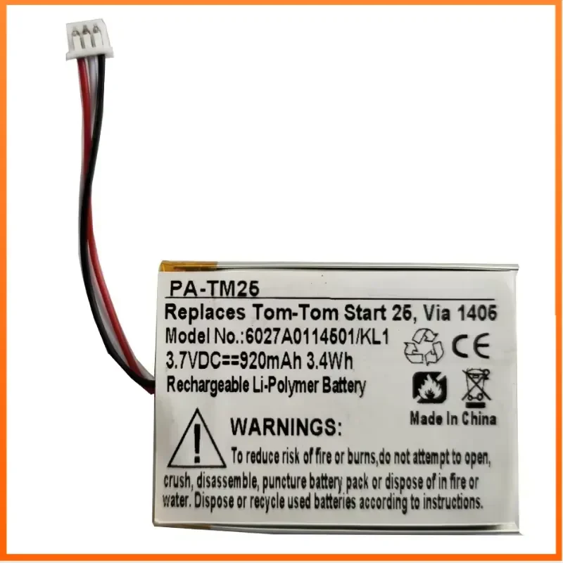 PA-TM25 Battery For Tom-Tom Start 20/25 Via 135/1405/1405M/1405T/1435T/1435TM/1505/1505M/1505T GPS Compatible KL1