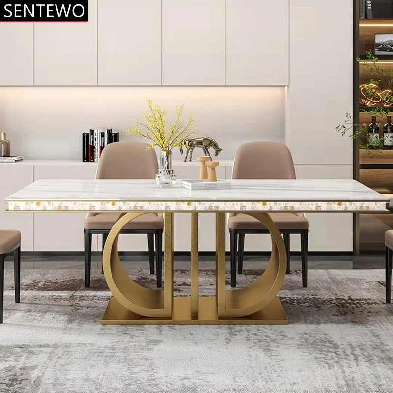 SENTEWO Nordic Luxury Marble Kitchen Dining Tables Chairs Set Metal Titanium Gold Base Table Home Furniture Moveis Para Cozinha