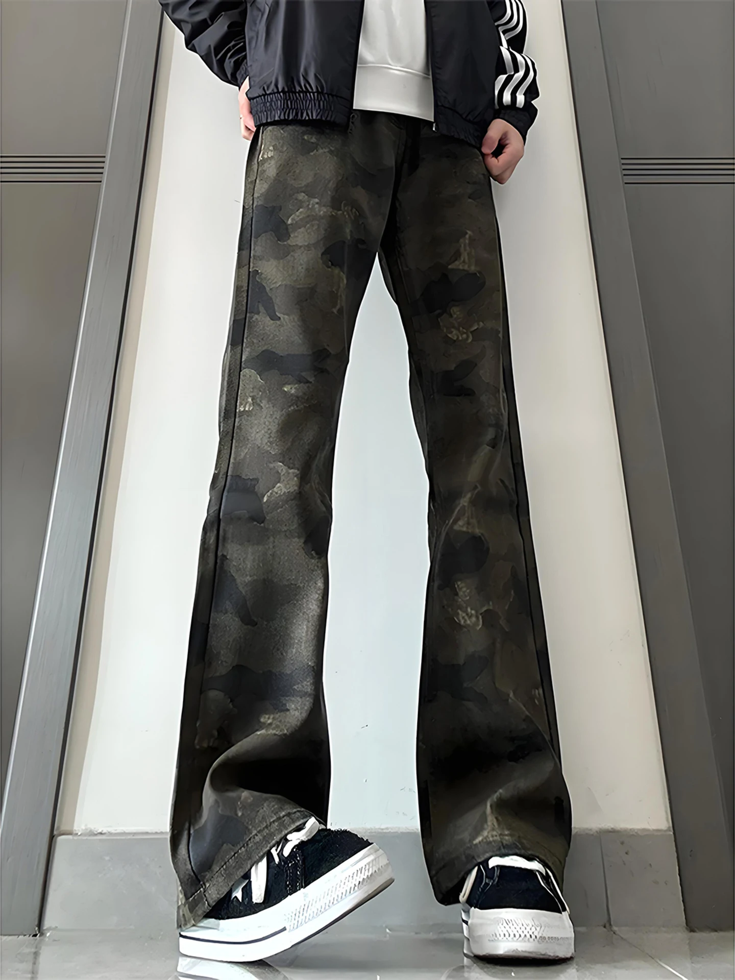 

Retro American Camouflage Fce Lined Men's Jeans Straight Leg Autumn Winter High Street Slimming Knife Flared Pants