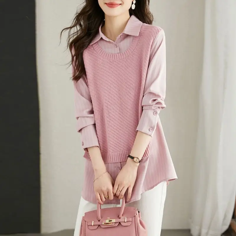 New Fashionable Loose Splicing Shirt for Women 2024 Spring Edition, Elegant and Gentle Style, Pink Fake Two Piece Knitted Shirt