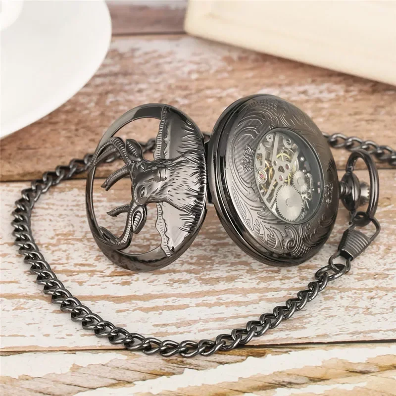 Antique Black Hollow Out Goat Handwinding Mechanical Pocket Watch for Men Women Roman Numeral Pendant Chain Timepiece Gift