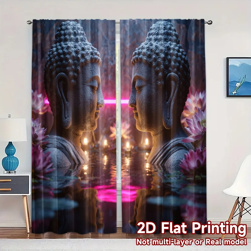 2pcs, 2D FLAT PRINTING Curtains (Without Rod) Serene Lotus Minimalist Modern Curtains Versatile 100% Polyester Curtains