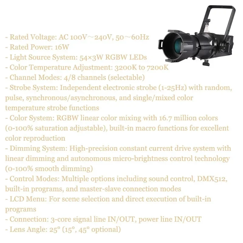 

AOPU RGBW 4-in-1 LED Spotlight 200W Zoomable Stage Lighting for Theater Concert Customizable Leko Image Light