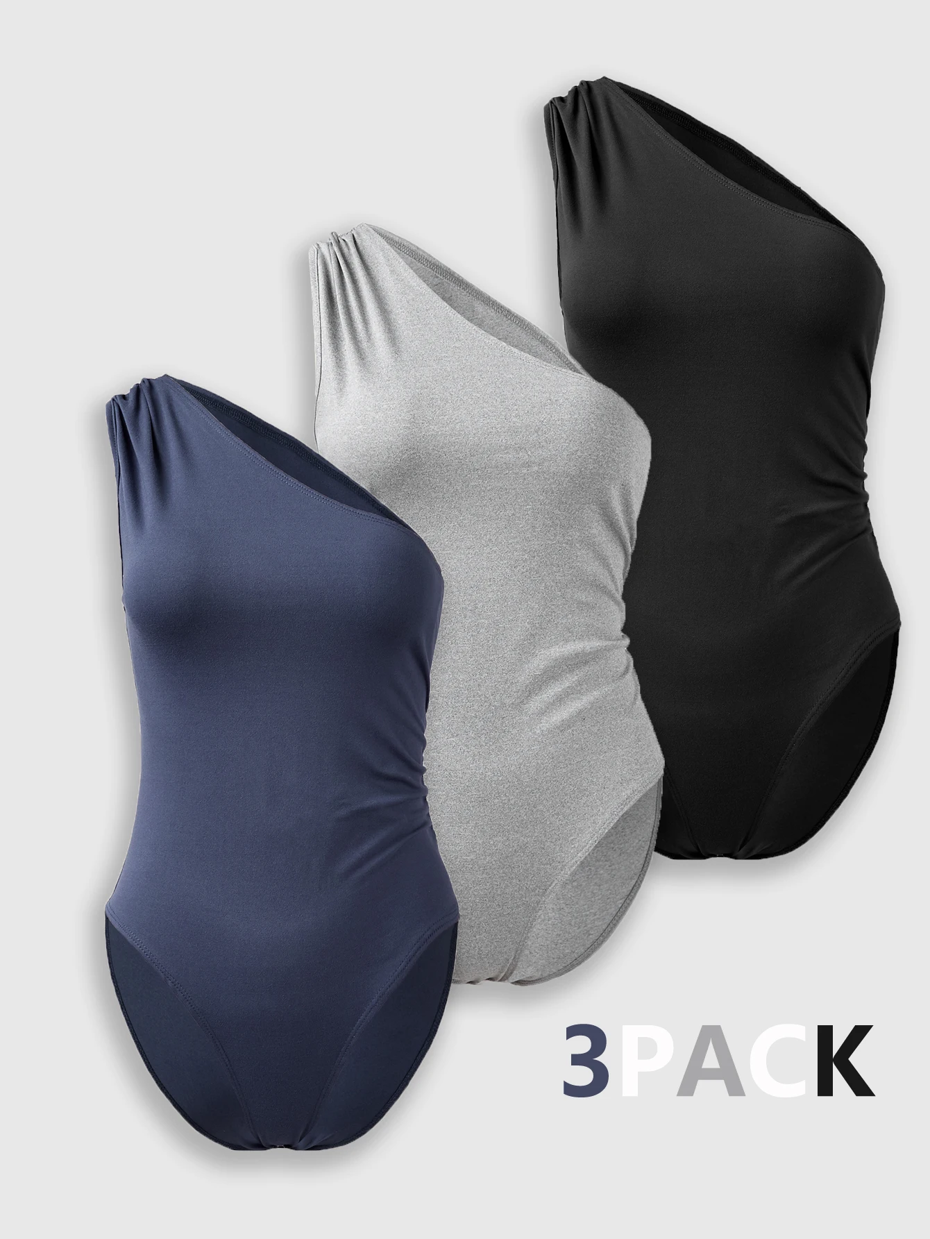 3 Pack Elegant One Shoulder Bodysuit Women Sleeveless Ruched Slim Soft Stretch Solid Basic Layering Jumpsuit Daily Outfit