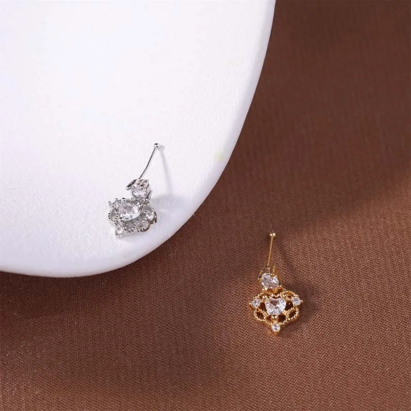 Thin Dangle Nose Studs Mini Zircon Heart Charm
