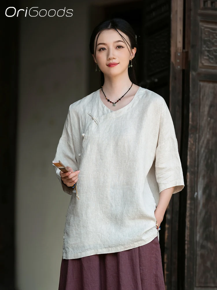 OriGoods Linen Blouse High Quality Chinese Style Vintage Shirt Linen 100% 2025 New Thin Cool Summer Shirt Woman Zen Clothes C134