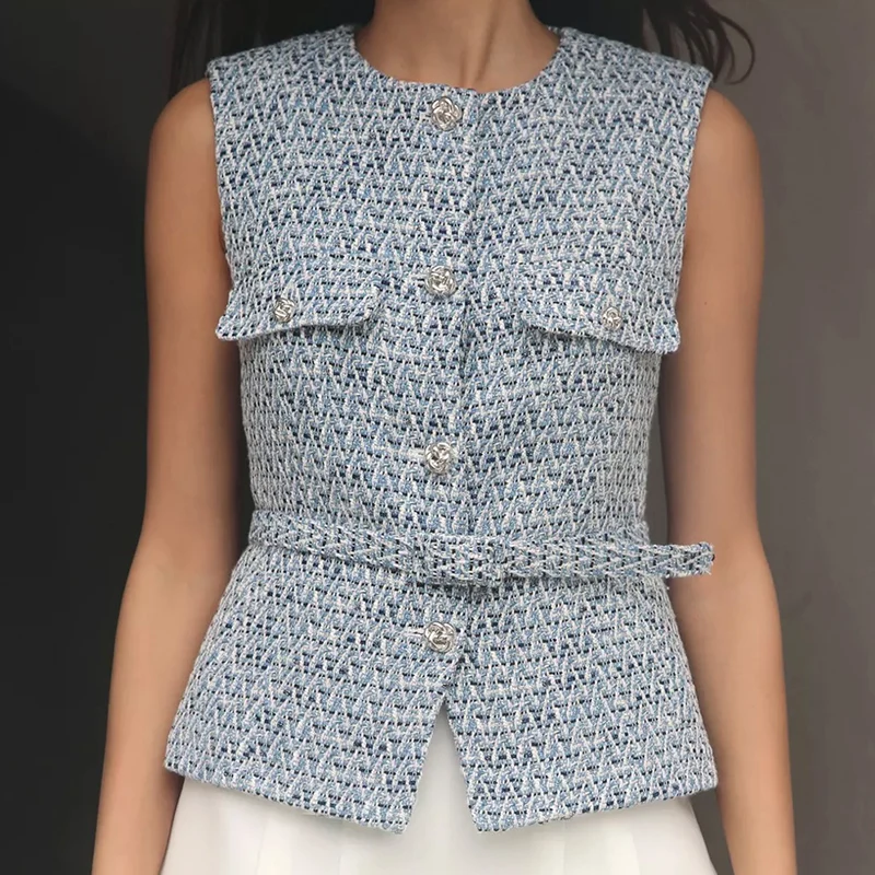 Faionable Weste mit Metallfarbstruktur, 2025, Frühjahr, neue Damenbekleidung mit passendem Gürtel, ZDATA-Polyesterfaser, 00 %