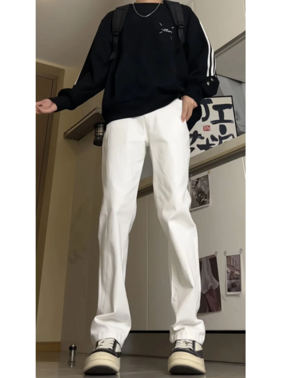 

Elastic Straight Leg Jeans Men's Early Spring Faion White Pants Slimming High Waist Zipper Fly Classic Blue Denim Jeans