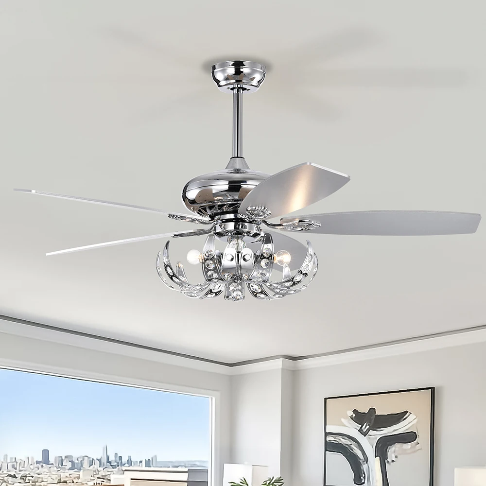 

52" Crystal Ceiling Fan with 5 Reversible Blades Light Kit and Remote Control, 3-Speed (High, Mid,Low) Adjustable for Living Roo