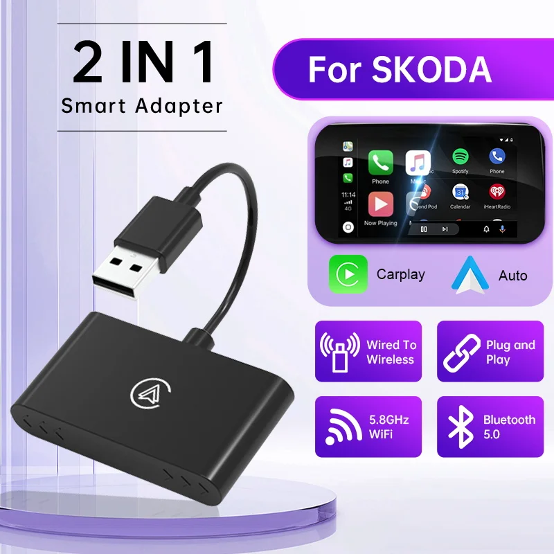 For SKODA NEW Wireless Mini Box 2in1 CarPlay Android Auto Wireless Adapter Mini AI Box Plug&Play Dongle BT WiFi Fast Connect Box