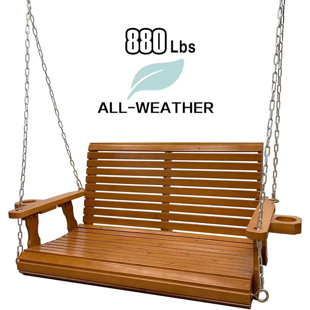 Wooden Porch Swing 2-Seater, Bench Swing with Cupholders, Hanging Chains and 7mm Springs, Heavy Duty 880 LBS