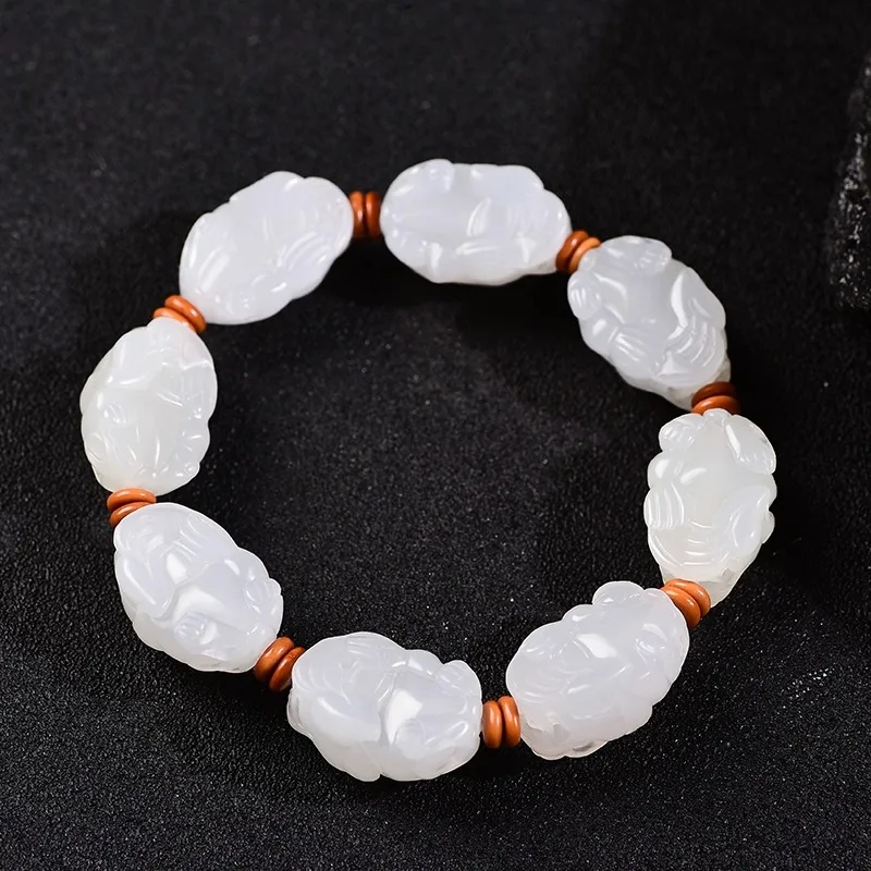 

Hetian Jade Suet White Jade Pixiu Bracelet Men's and Women's Natural Jade Piqiu Transfer Bead Bracelet Jewelry