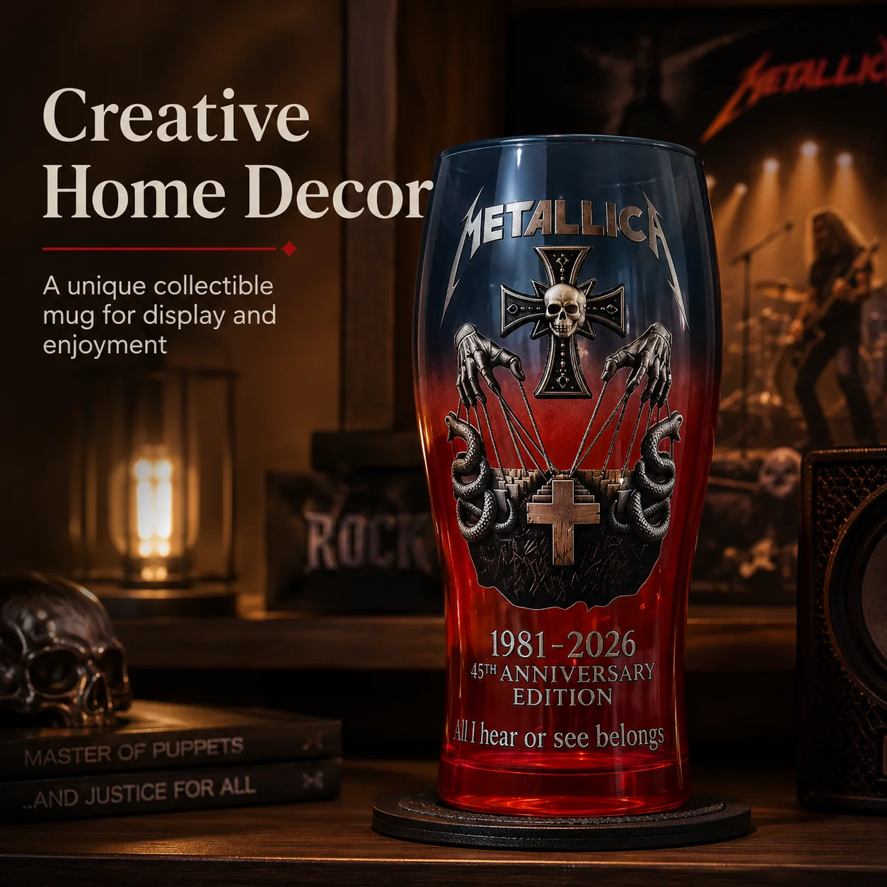 Metallica 45th Anniversary1981-2025  Embossed Blue Beer Glass, Heavy Metal Rock Band Collectible Tumbler,Barware Gift for Fans