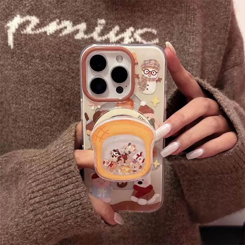 

Cute Eggplant Cartoon Animals Magsafe Wireless Charge Case For iPhone 13 14 15 16 Pro Max Bread Bear Puppy Shake Magnetic Stand