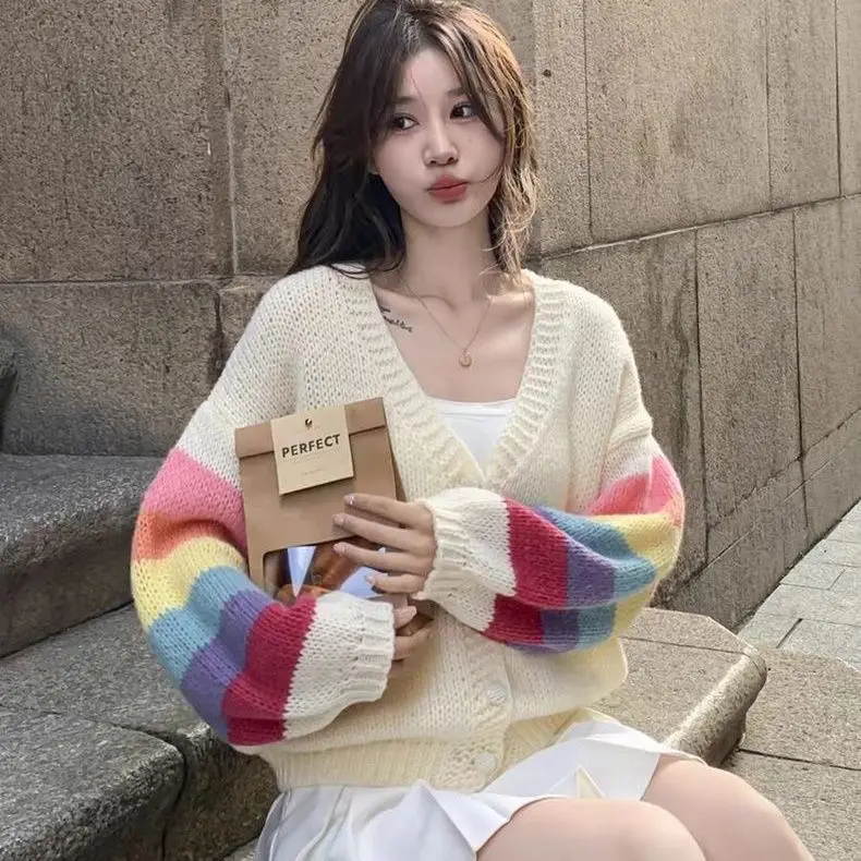 

Rainbow Knitted Open Cardigan ort Loose Design Sweet Sweater College Sle Outerwear for Ba-To-School Season Youth Faion
