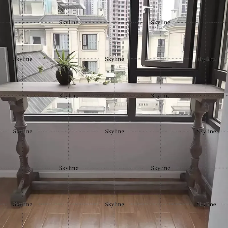 American Country Style Solid Wood Long Narrow Dining Table Bar Table for Wall Balcony Window High Table Household Furniture