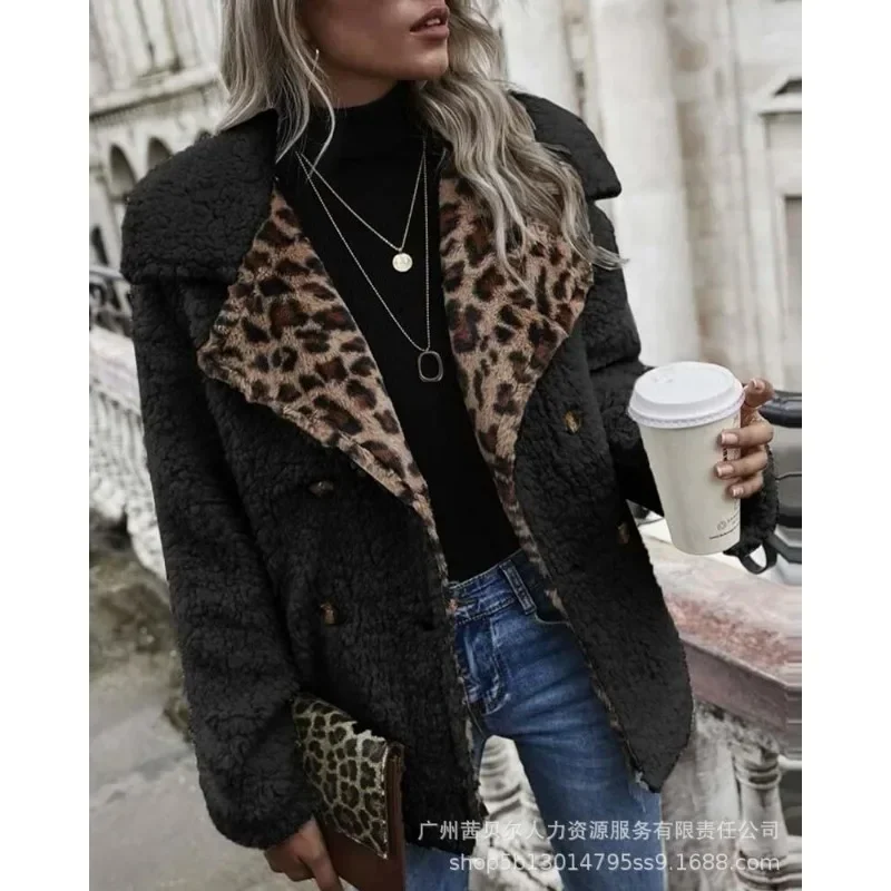 Women Warm Fleece Coat Jacket Autumn Winter Vintage Fashion Long Sleeve Lapel Collar Leopard Patchwork Plush Outwear