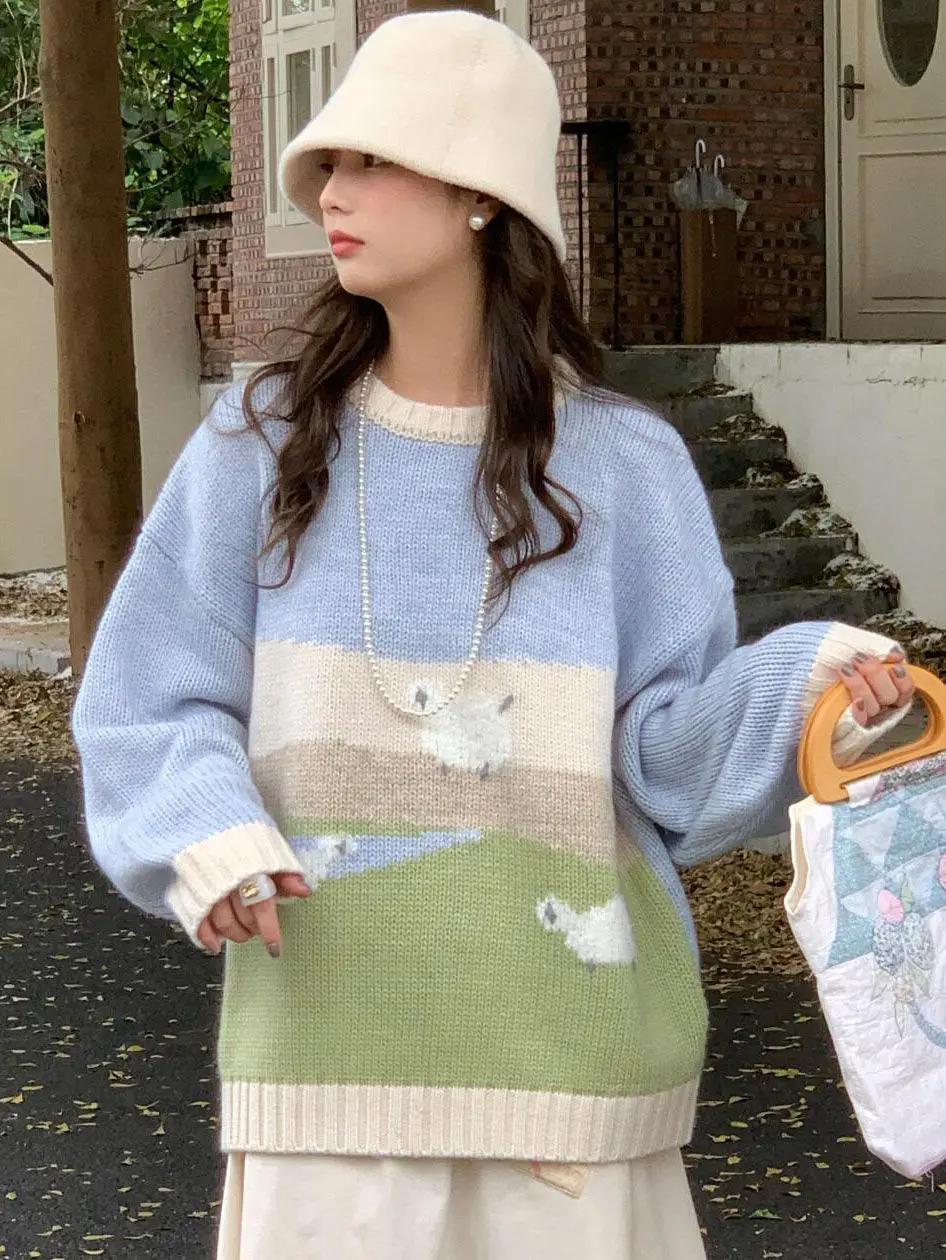 

French color block jacquard soft waxy round neck pullover sweater for female students, fashionable and versatile knitted sweater