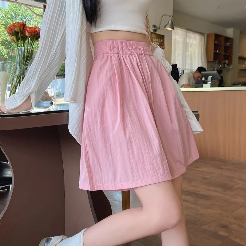 Lady Drawstring Ice Silk Short Pants Girls Solid High Waist Baggy Shorts Women Korean Comfortable Leisure Daily Pants