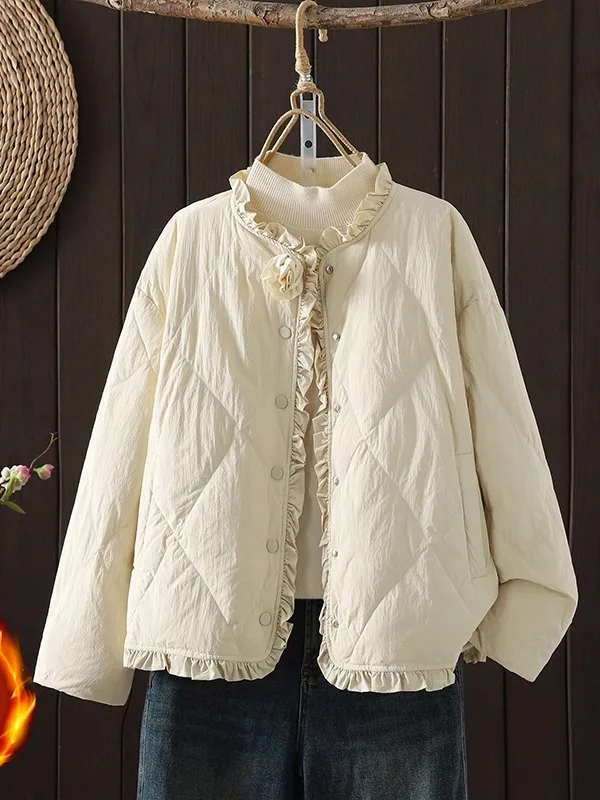 

Корейская модная легкая теплая хлопковая куртка для женщин: свободный крой, эффект похудения, зимняя верхняя одежда с кружевным дизайном, универсальное пальто