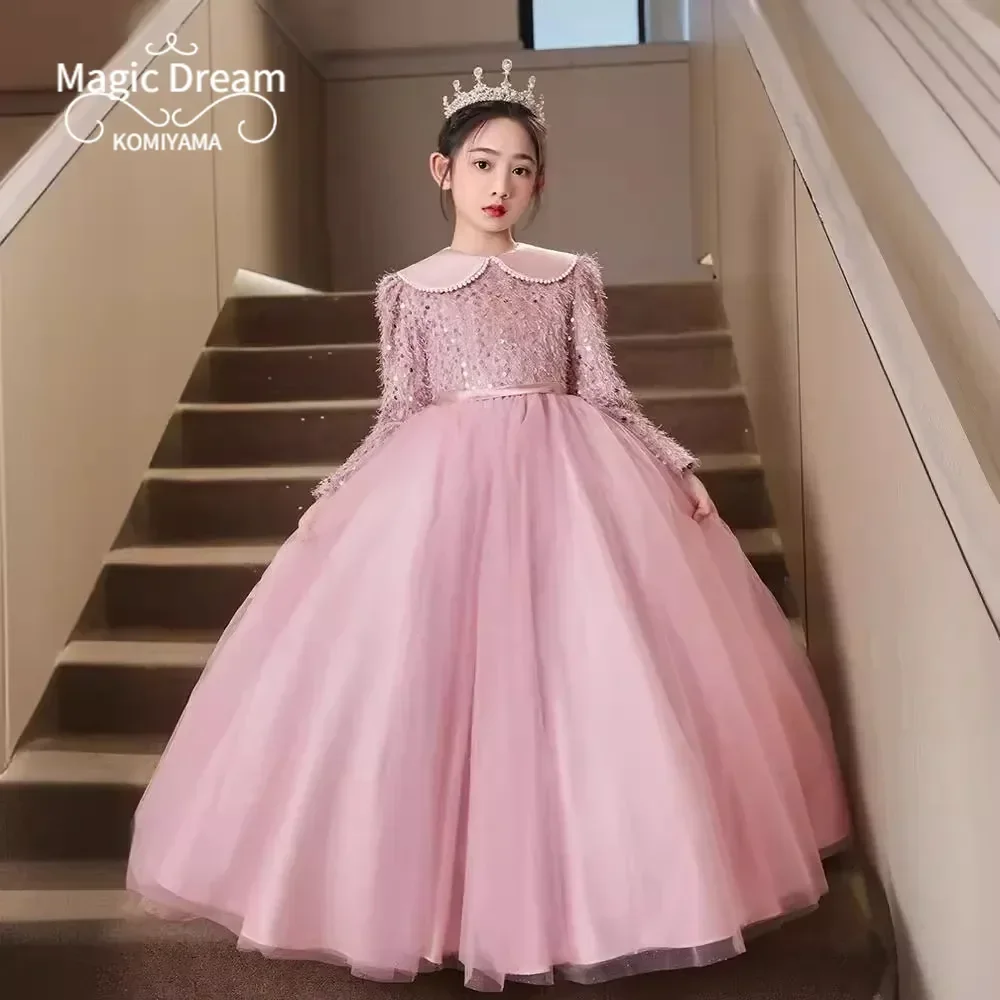 Customized Niche Evening Dress Pink Birthday Party Long Sleeve Ball Gown Princess Robe Piano Performance Flower Girls Dresses