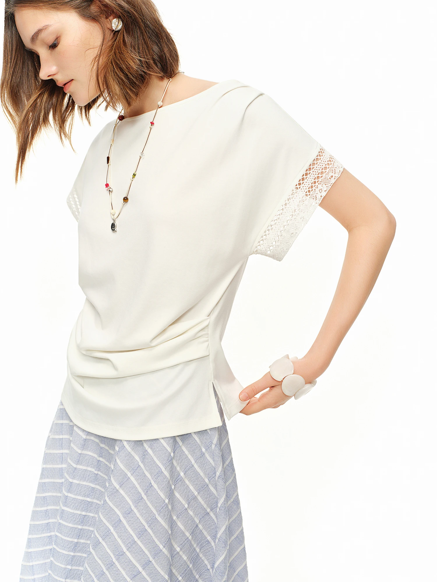 DUSHU Women's Fashion Casual Ruched Design T-shirt | 2026 Summer New Arrival Lazy Urban Minimalist Commute Short Sleeve Top