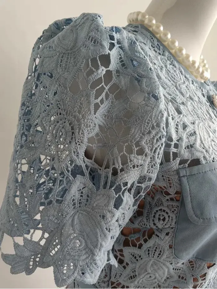 女性のための刺繍レースドレス,花柄,ボタンベルト,パーティー用の青いフリル,夏