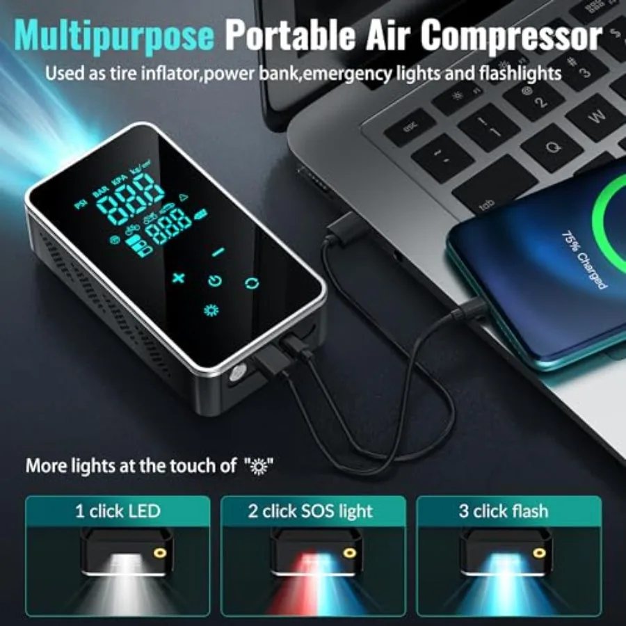 منفاخ إطارات محمول مع بطارية 18000 مللي أمبير في الساعة وضغط عالي 150 رطل لكل بوصة مربعة: ضاغط هواء كهربائي لاسلكي لسيارة دراجة نارية
