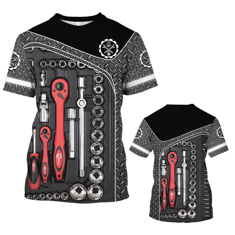 Men's 3D printed short sleeved T-shirt, high-quality streetwear, mechanical repair tools