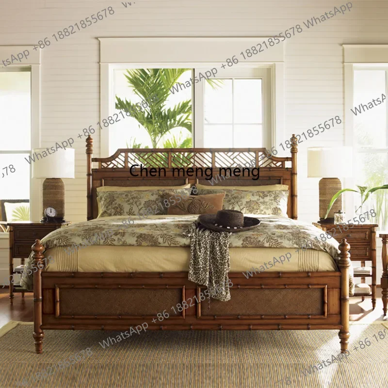 Q181 American retro sea view villa double bed island rattan homestay solid wood bed pillar master bed