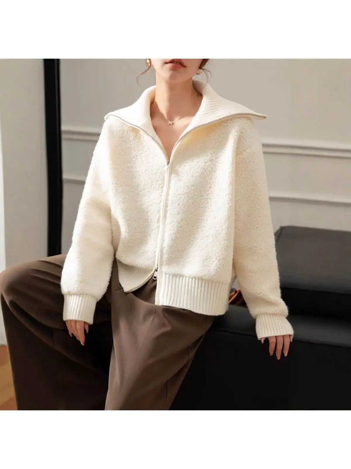 

Long Color Cardigan Women's Fashion Autumn Coat Korean Sle Big Lapel Zipper Sweater Coat for Women Thiened
