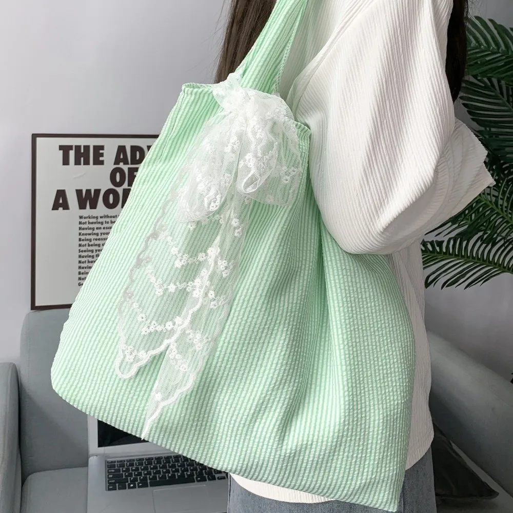 Tas Bahu Kanvas Bergaris Dengan Pita Renda Tas Hobo Kanvas Gaya Korea Tas Tote Warna Segar Tas Ketiak Kapasitas Besar