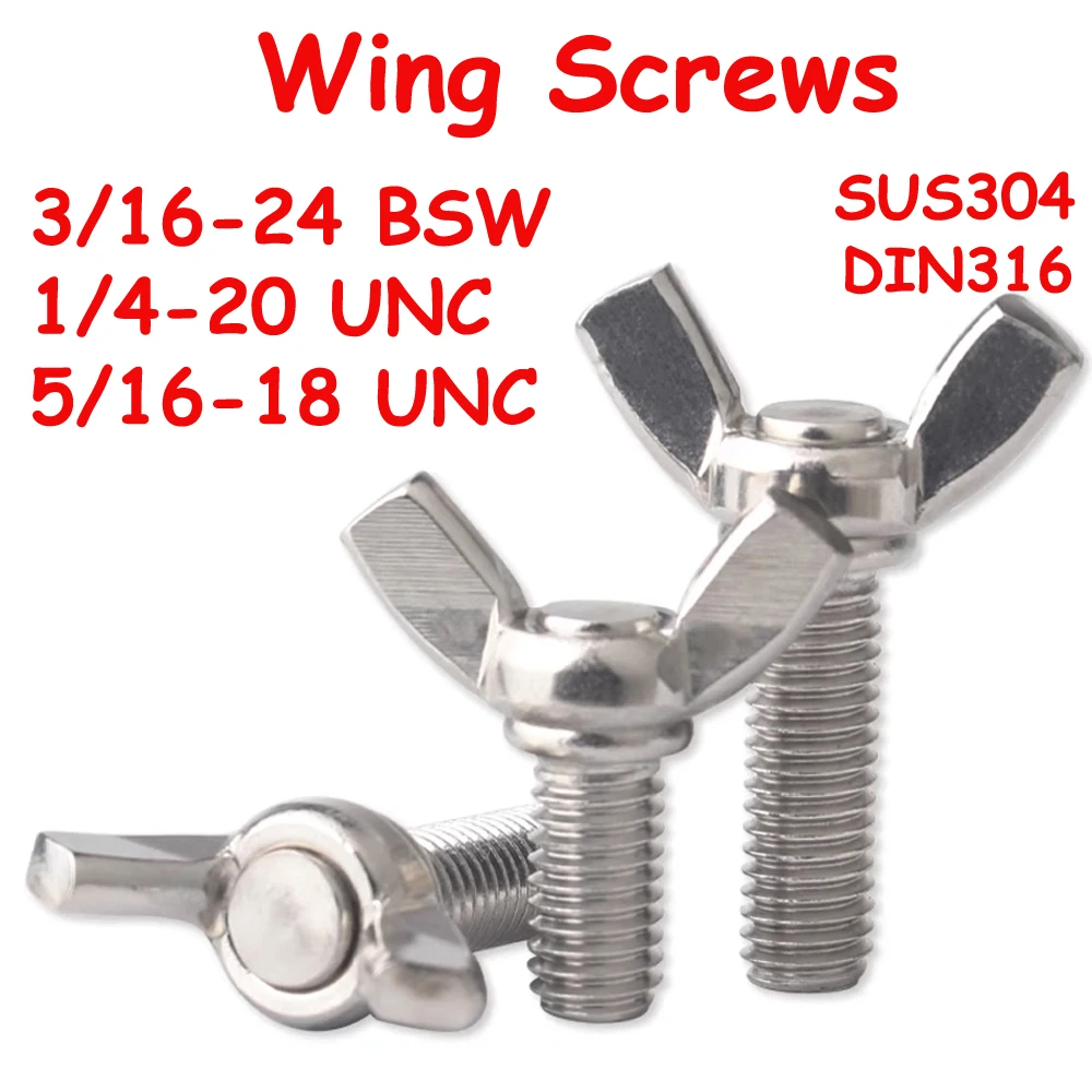 Yiqianyuan 3/16-24 BSW 1/4'' 5/16'' UNC DIN316 SUS304 Stainless Steel Wing Screws Hand-Tighten Butterfly Bolts for DIY Projects