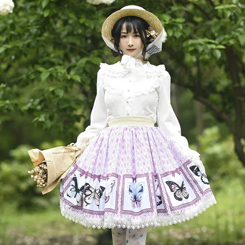 Ainclu Original Lolita Skirt Japanese Loli Cute Soft Sister Purple Sweet Butterfly Print Lace Pleated Lolita Skirt