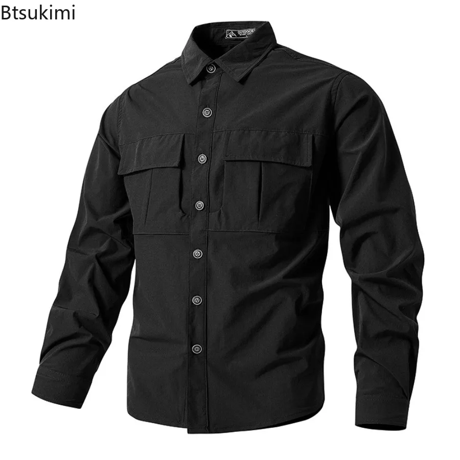 2025Men's Spring Long Sleeve Outdoor Shirts Solid Quick Drying Sports Clothing for Men Wear Tactical Combat Camping Cargo Shirts
