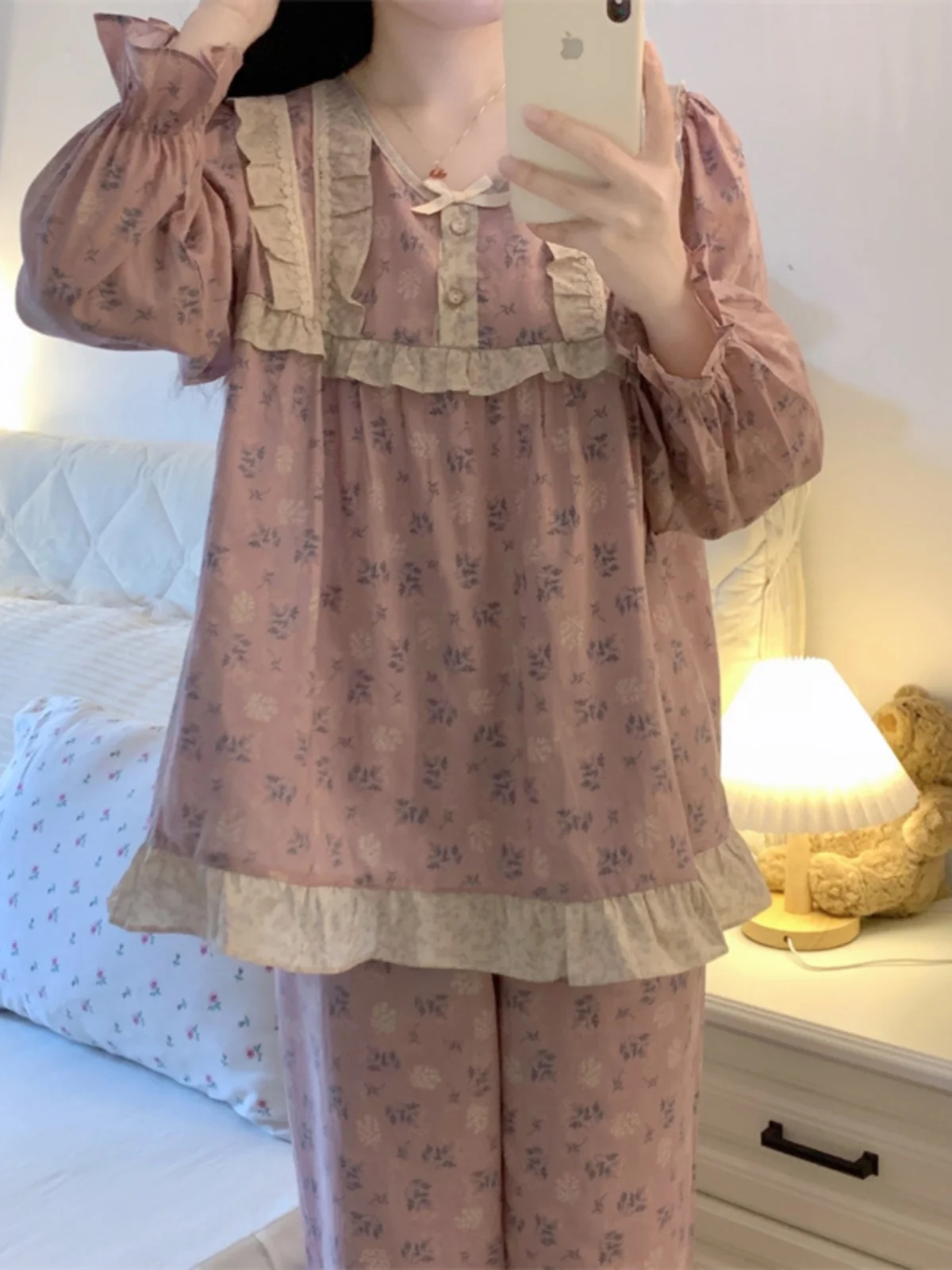 

Spring Autumn Long Sve Women's Spwear Cute Floral Lace Home Clothes Loose Casual Wearable Outdoors Two-Piece Set