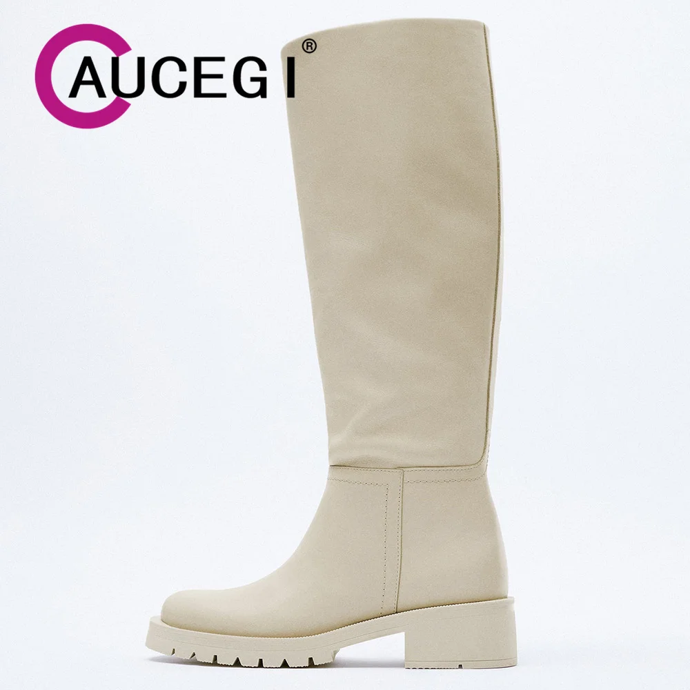 

Aucegi Simple Genuine Leather Women Knight Knee High Boots Low Heels Round Toe Slip On Spring Autumn Office Lady Handmade Shoes