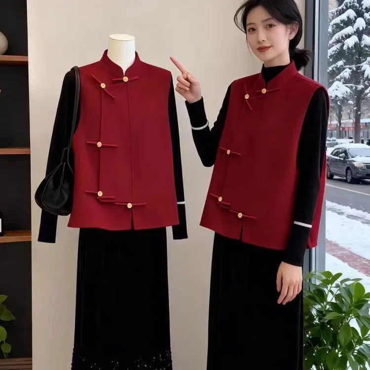 

Red New Chinese Style Retro Woolen Vest Women's Fashionable High-End Autumn Winter Outerwear Sleeveless Shirt Neck