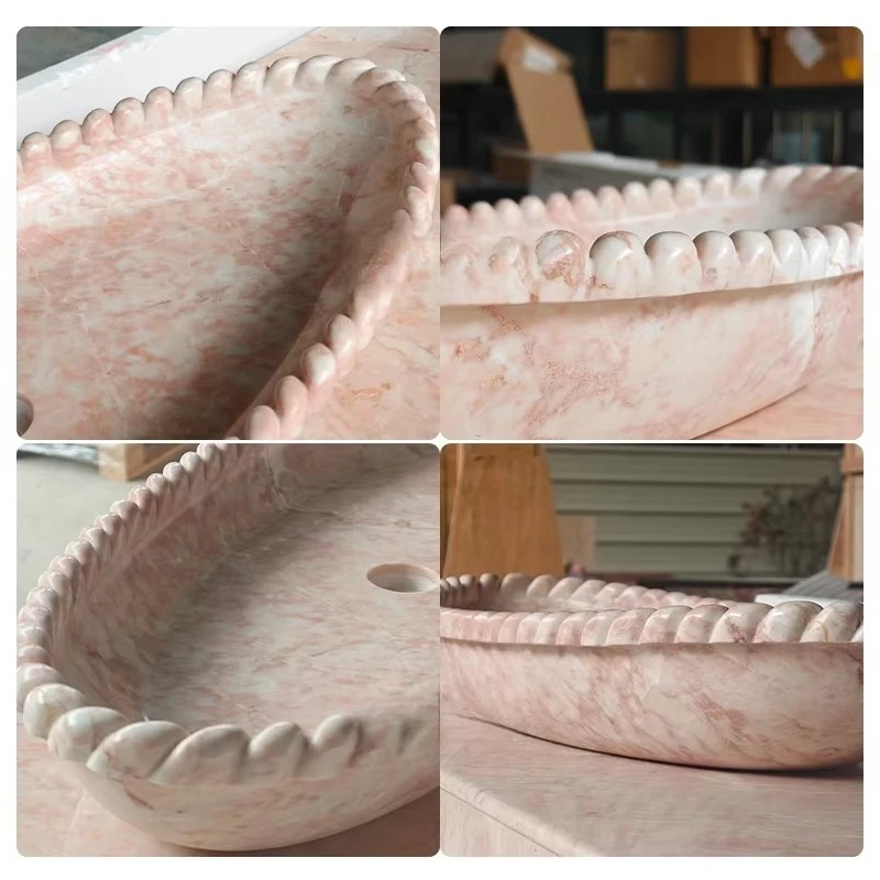 Luxury 100% Natrual Stone Cream Rose Pink Marble Bathroom Wash Basin Sink for Villa Apartment Bathroom Hotel Furniture
