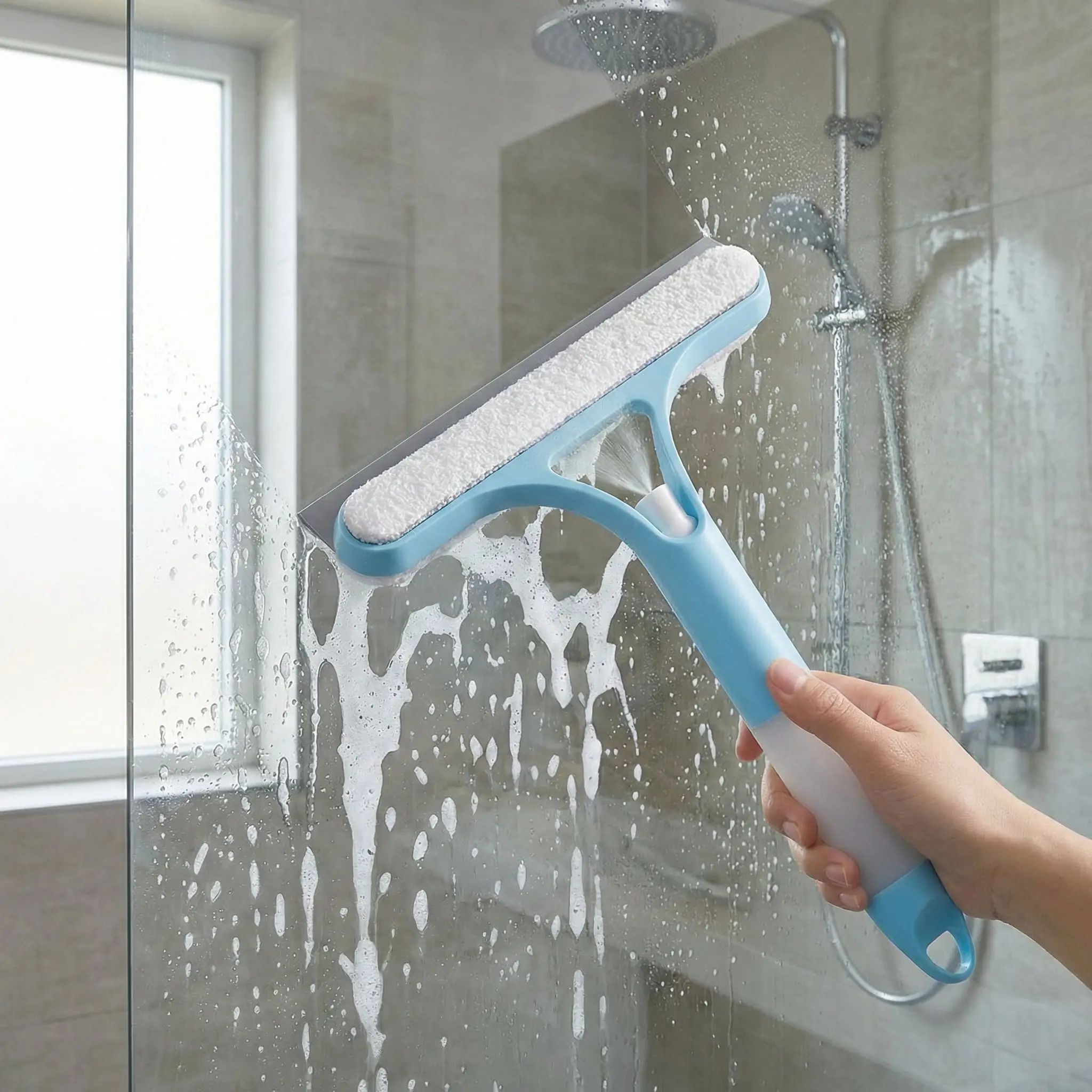 2-in-1 Sprayable Blue Glass Squeegee - Microfiber Scrub Pad 