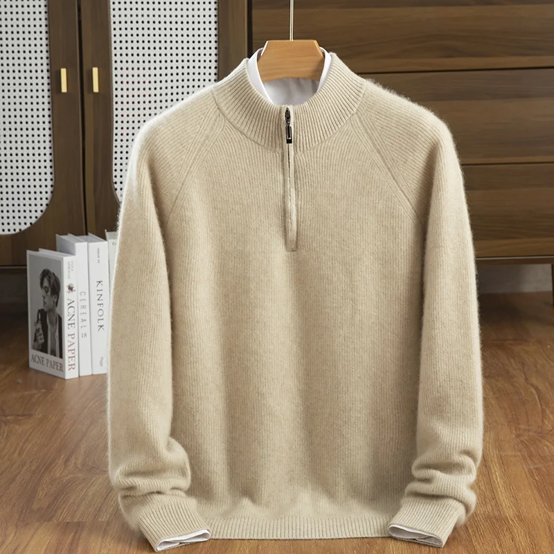 2024 Autumn And Winter New 100% Cashmere Men's Semi High Neck Zipper Versatile Temperament Men's Sweater