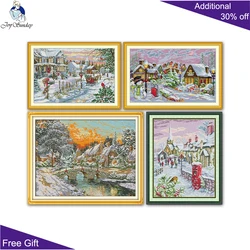 Joy Sunday Warm Snow Township Snowy Christmas Eve Cross Stitch Kit, Counted Stamped Thicken Canvas, FA144, FA562, FA571, FA572