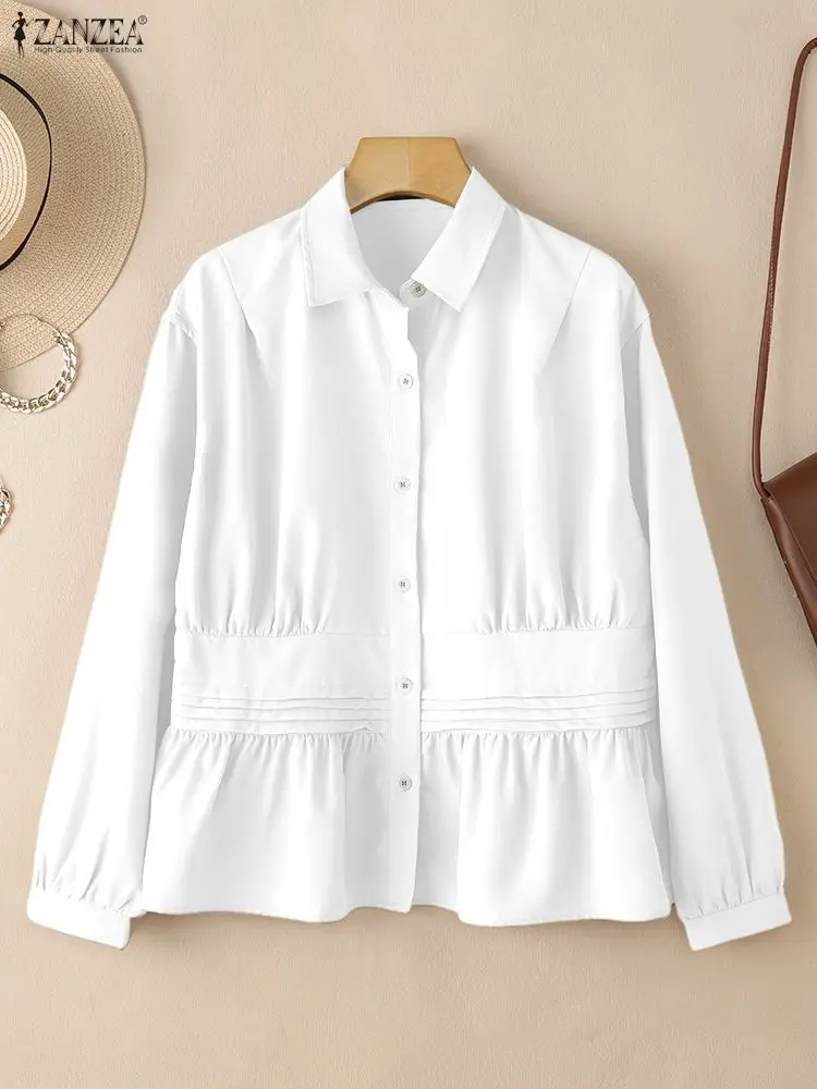 Zanzea moda feminina chique camisas turn-down colarinho manga longa botão up pintuck cor sólida topos outono 2025 roupas femininas S-3XL