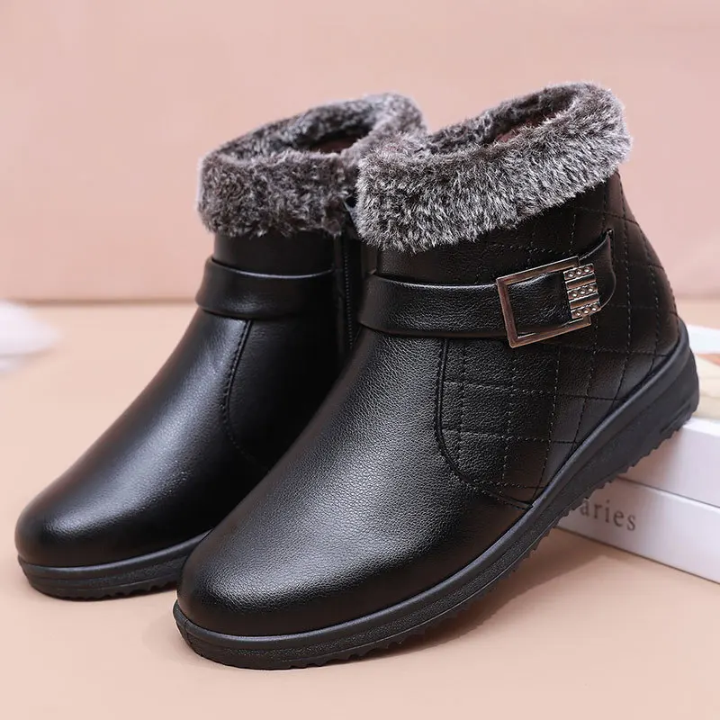 Winter New Women Leather Boots Fashion Comfortable Female Furry Ankle Boots Low Heel Non-slip Ladies Outdoor Booties Warm Shoes